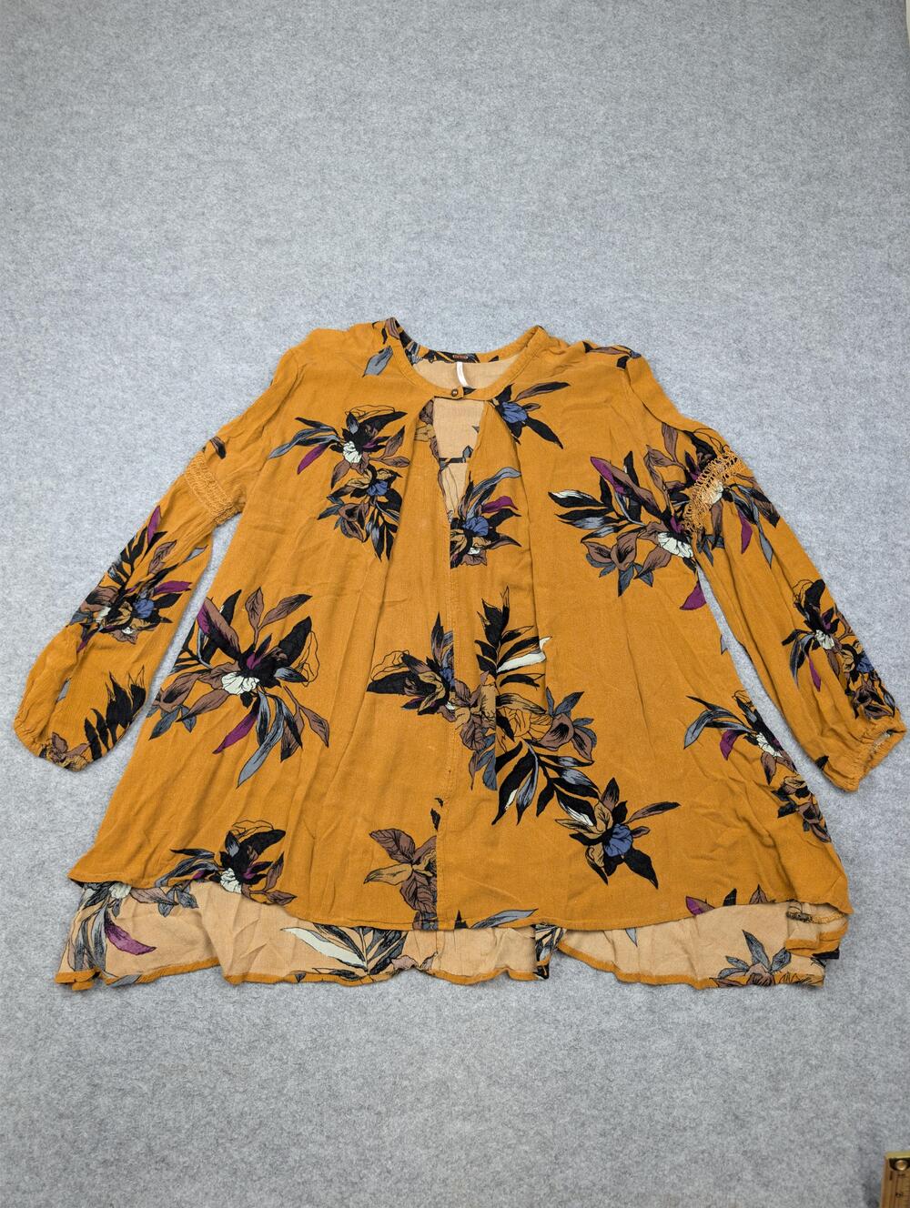 Free People Dress Womens S Yellow Floral Boho Trapeze Balloon Sleeve Mini